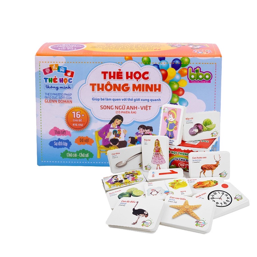 Thẻ học thông minh cho bé, bộ thẻ học song ngữ 16 chủ đề 416 thẻ