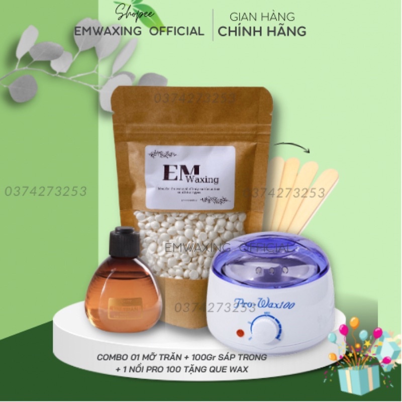 Combo triệt lông vĩnh viễn 3 sp nồi pro 100 sáp wax nóng, hard wax beans wax lông và mỡ trăn nguyên chất triệt lông