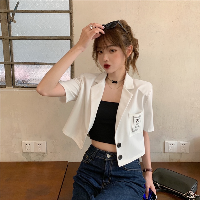 Áo Khoác Blazer Ngắn Tay Màu Đen Trơn Kèm Chân Váy Ngắn Thời Trang Cho Nữ