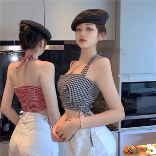 A5256 Áo croptop dây yếm rút dây eo có mút ngực phong cách ullzzang