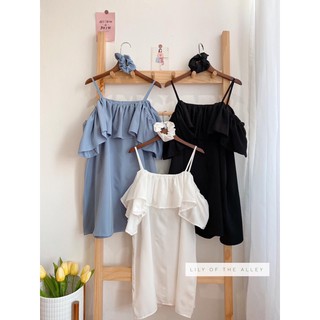 Váy 2 trễ vai kèm scrunchies - màu trắng