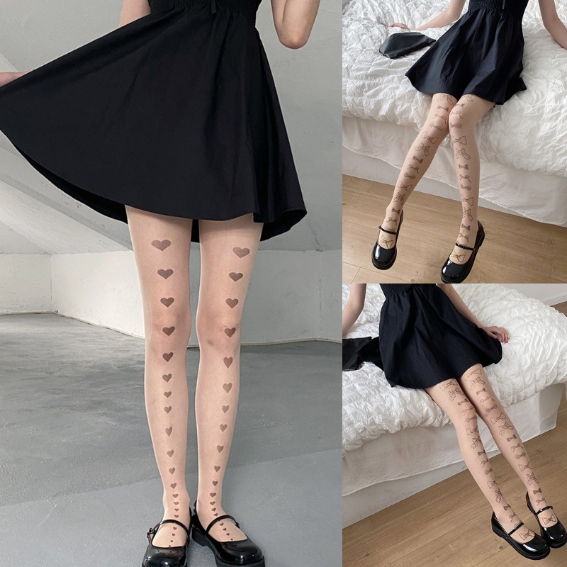 Xiangbao Quần Tất Lụa Trong Suốt In Họa Tiết Trái Tim Phong Cách Lolita Cho Nữ