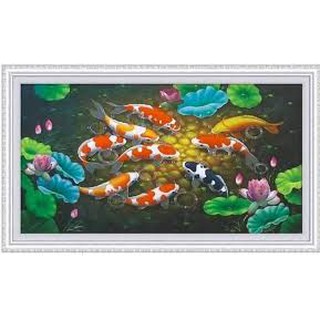 [ Sale sốc] Tranh đính đá cửu ngư quần hội cá chép hoa sen 120x65cm