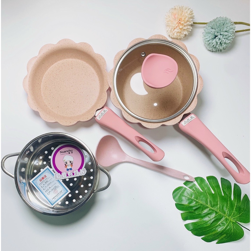 Bộ nồi chảo đá men hình hoa 16cm cho bé ăn dặm☘️Tặng xửng hấp☘️ giành cho mọi loại bếp