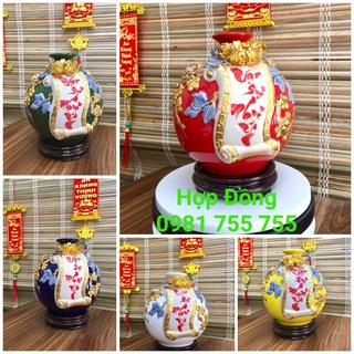 Bình hút lộc, lọ hoa hút tài lộc Thư Pháp_Vạn Sự Như Ý_ gốm sứ bát tràng dát vàng 24k