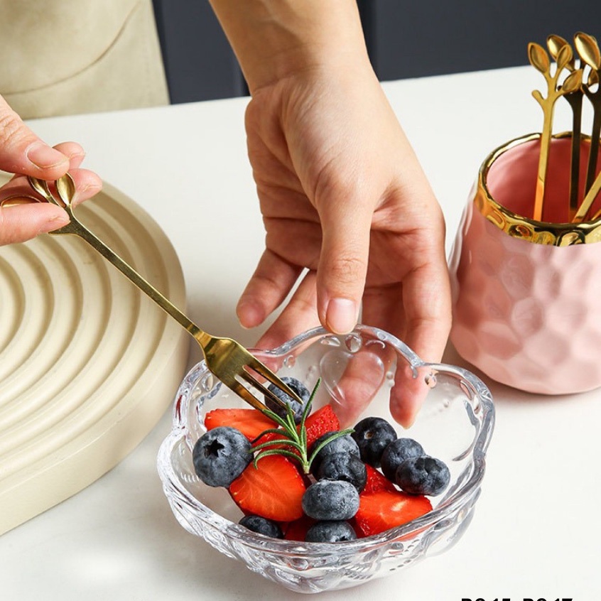 Set nĩa ăn hoa quả, bộ dĩa decor bàn ăn màu vàng đẹp mắt tiện lợi