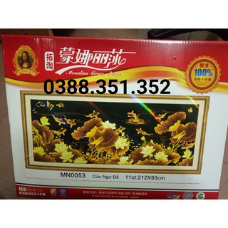 Tranh thêu chữ thập cá chép hoa sen nền đen khổ lớn 212*93cm