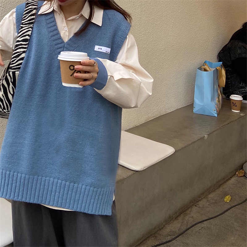 Áo sweater không tay cổ chữ V dáng rộng năng động thời trang phong cách Nhật Hàn