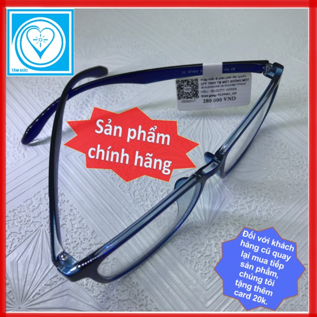 gọng kính cận Velocity (Hàn Quốc) mã số: VL97463_152, màu xanh dương bóng, ốc càng bằng inox chống gỉ.