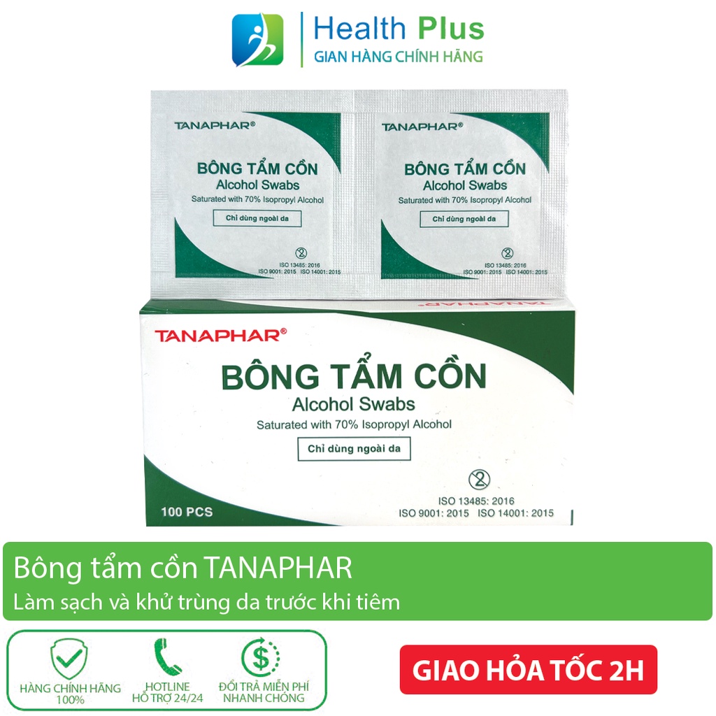Bông tẩm cồn sát khuẩn tiêm TANAPHAR , bông cồn khô khử khuẩn, sát khuẩn tay nhanh hộp 100 gói tiện lợi