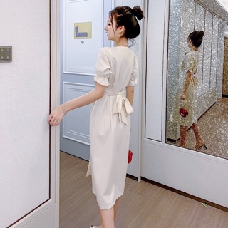 Đầm váy trắng xếp li eo tay nhúng (kèm hình thật)