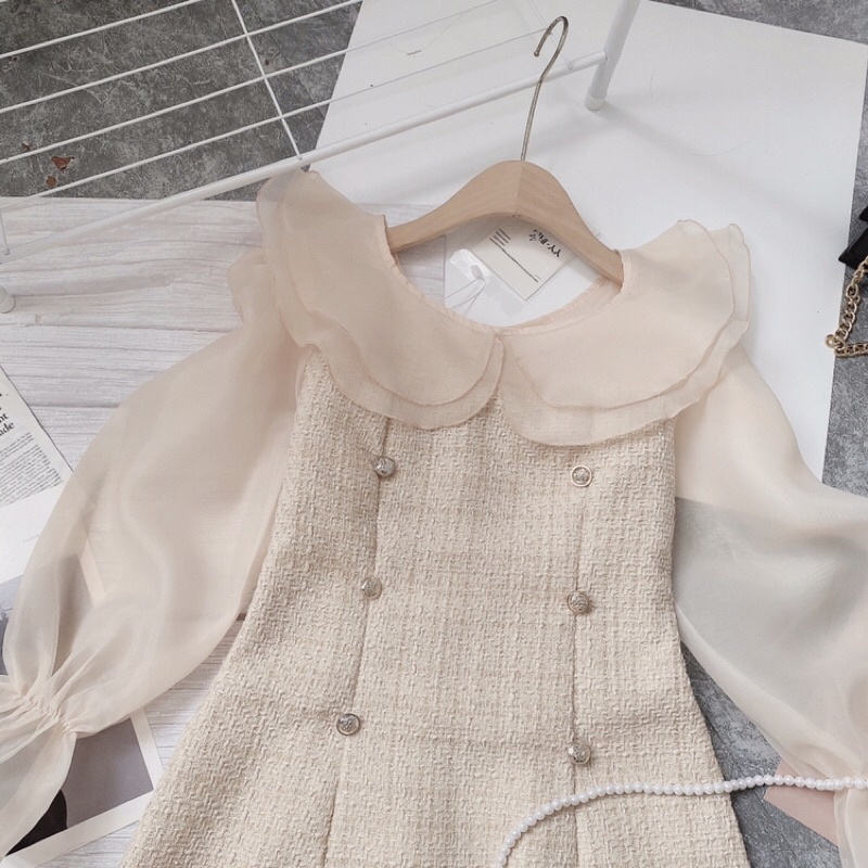 Váy Dạ Nữ 2 Lớp Tay Dài Phối Tơ Màu Be Siêu Xinh | BigBuy360 - bigbuy360.vn