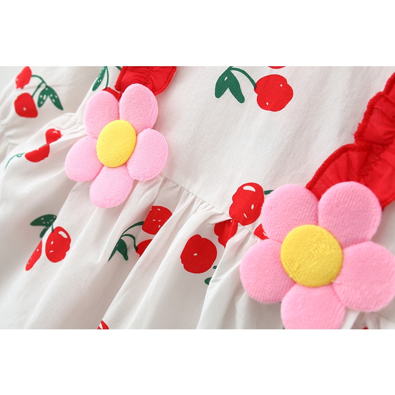 Đầm Hoa Bé Gái Dài Tay, Họa Tiết Qủa Chery, Phom Xòe, Chất Cotton Thô