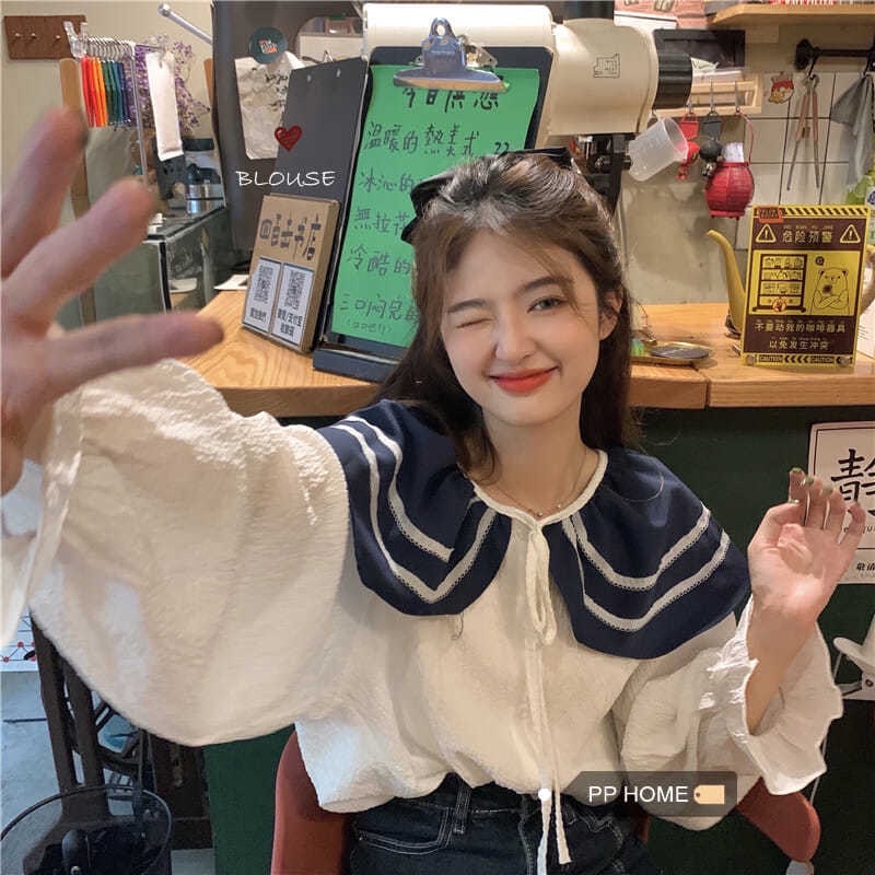 Freeship - Áo sơ mi cổ bánh bèo 2 màu dễ phối đồ