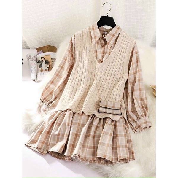 Sét gile + váy kẻ + túi tote