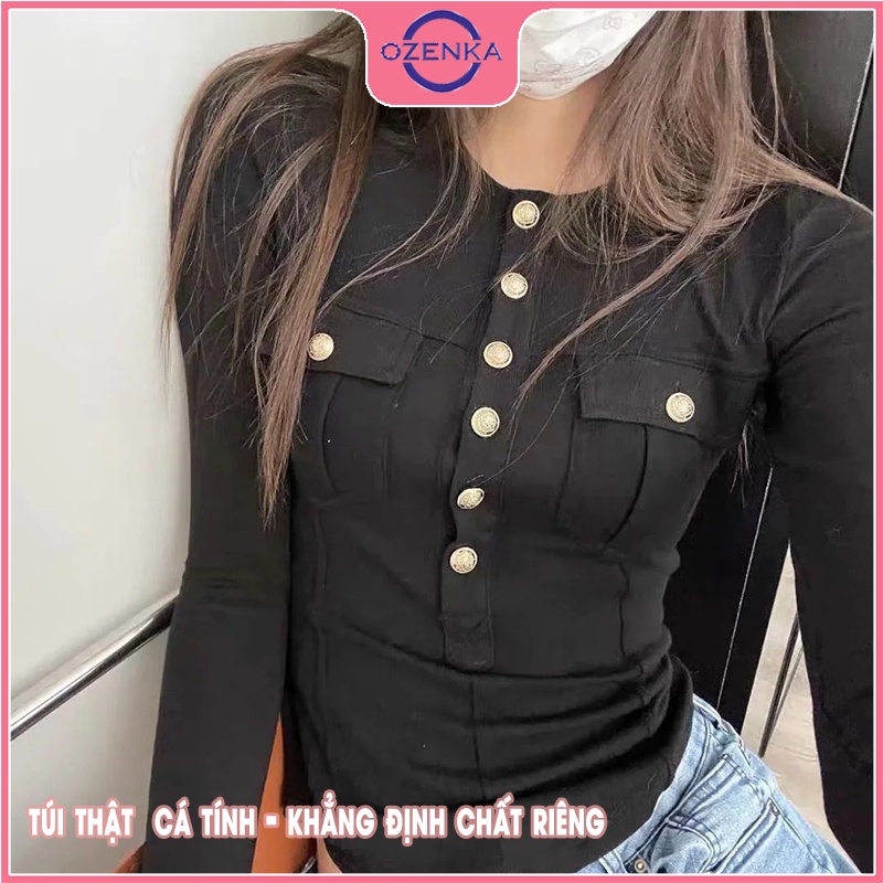 Áo dệt kim tay dài len gân nữ OZENKA , ao thu đông cao cấp chất đẹp vạt bầu cài khuy màu đen trắng