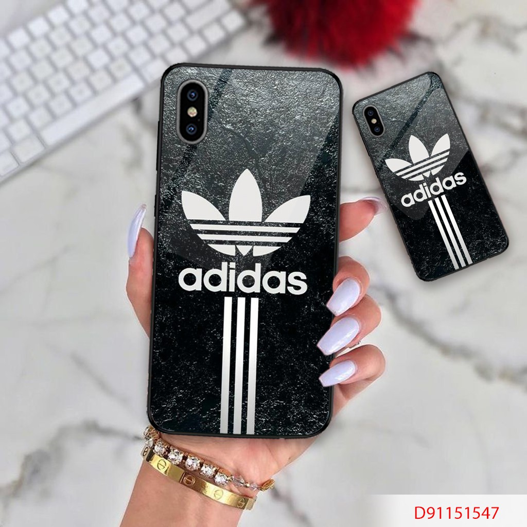 ỐP LƯNG TRÁNG GƯƠNG KÍNH CƯỜNG LỰC IPHONE, SAMSUNG ADIDAS NỀN ĐEN
