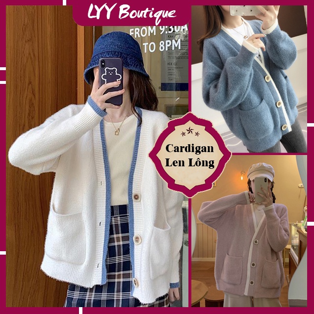Áo cardigan nữ len lông thỏ dầy mịn trơn phối viền 2 túi trước 3 màu Quảng Châu LYY BOUTIQUE