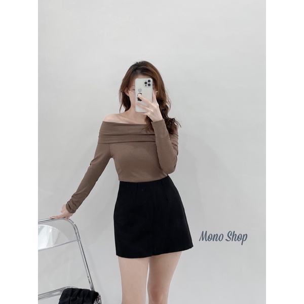 Áo thun tăm trễ vai dài tay ba màu chất mịn, Áo bẹt vai ngang (Ảnh thật/ Sẵn)