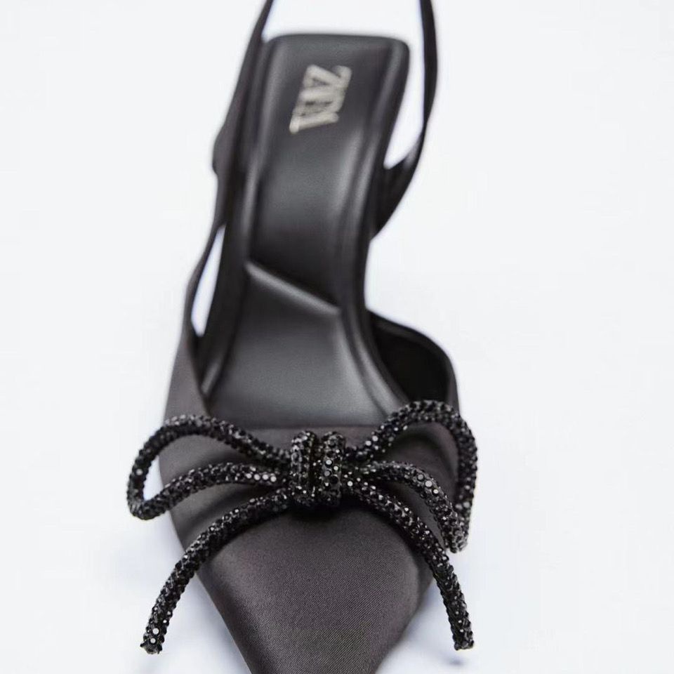 KWQF ZARA summer new high-heeled shoes pointed bowknot bright exposed heel sexy rear tripped thin heel sandals women's large size shoes