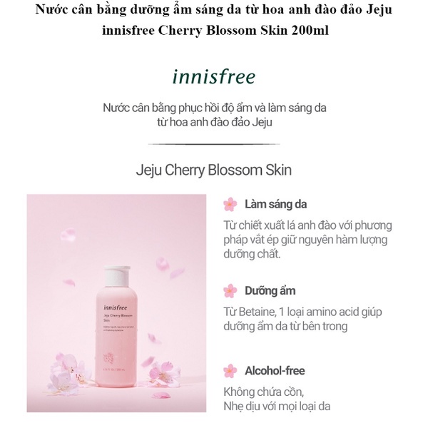 Nước Hoa Hồng Innisfree Jeju Cherry Blossom Skin Dưỡng Ẩm, Dưỡng Trắng Da