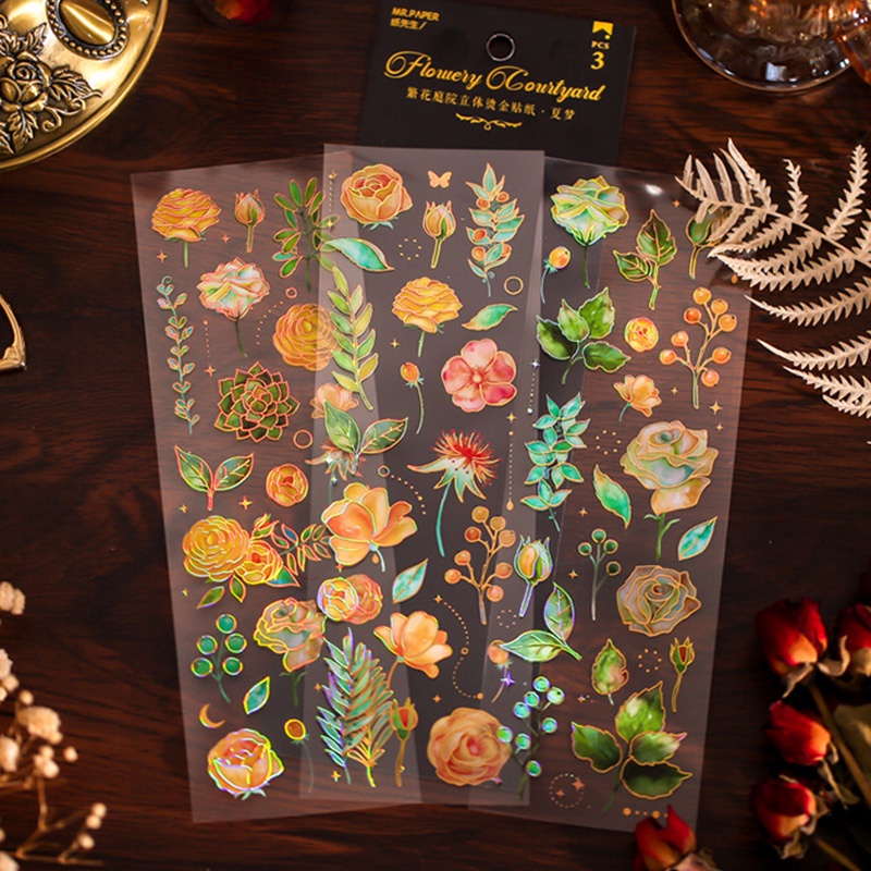 Bộ 3 Tấm Sticker Dán Trang Trí Sổ Tay Hình Hoa Màu Đồng Lấp Lánh DIY