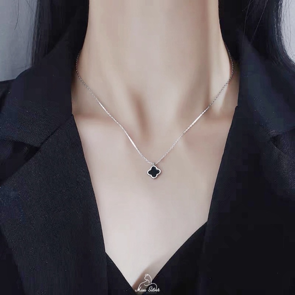 Dây chuyền nữ bạc 925 Miuu Silver, vòng cổ bạc nữ Cỏ 4 Lá đính đá đen Clover Necklace