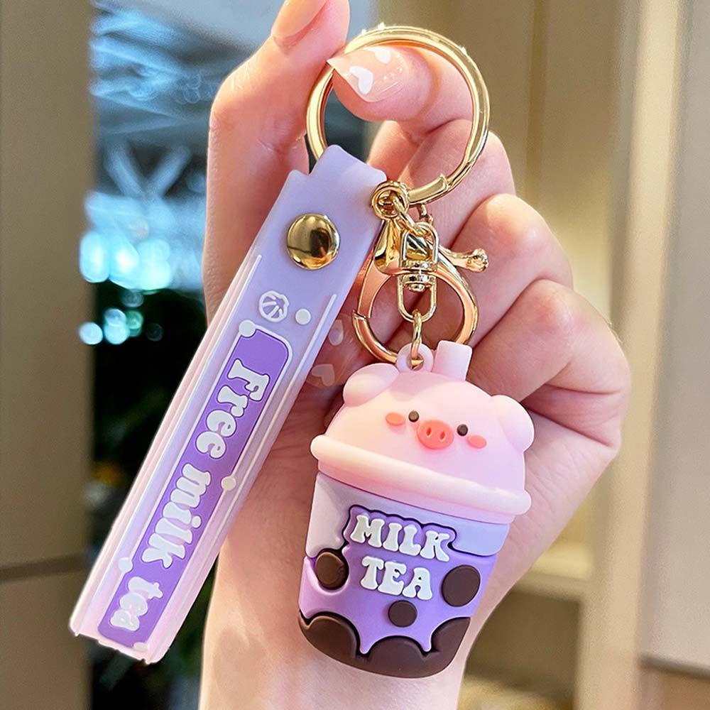 Móc Khóa Hình Heo Con Và Trà Sữa Nhiều Màu Sắc Thời Trang