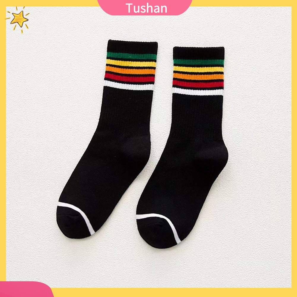 TUSH Unisex Fashion Cotton Rainbow Striped Print Elastic Sport Middle Tube Crew Socks