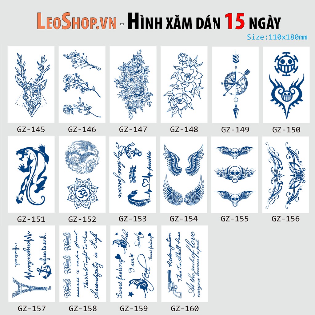 Xăm dán 15 ngày Mực Henna LEO SHOP (18x11cm-Tổng Hợp Mã GZ)