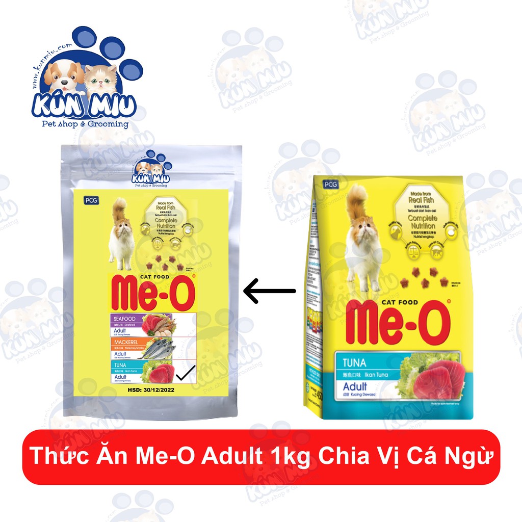 (1kg chia) Thức ăn cho mèo lớn Me-O vị Cá ngừ,Hải sản &amp; Cá thu túi zip 1kg