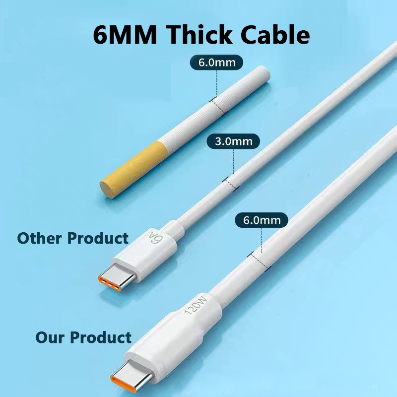Cáp sạc VAORLO 6A 120W Type-C siêu sạc cho Xiaomi Huawei 6MM Cáp dày 1M 1.5M 2M Chiều dài USB-C