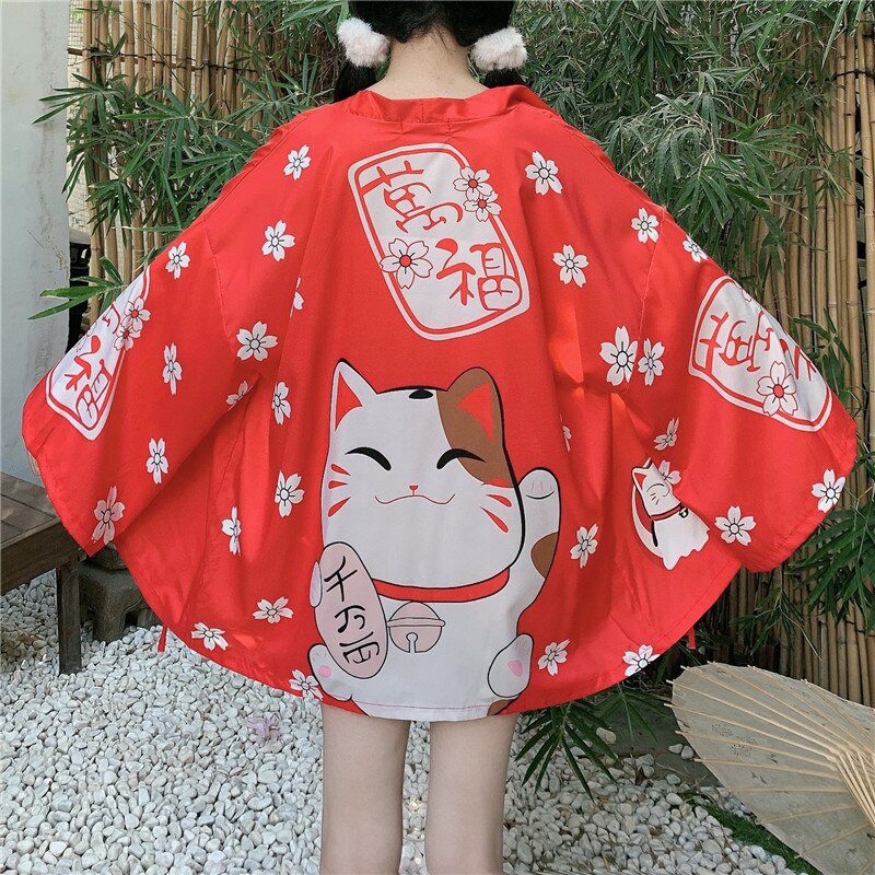 Áo Khoác Kimono In Hình Mèo Thần Tài Đáng Yêu