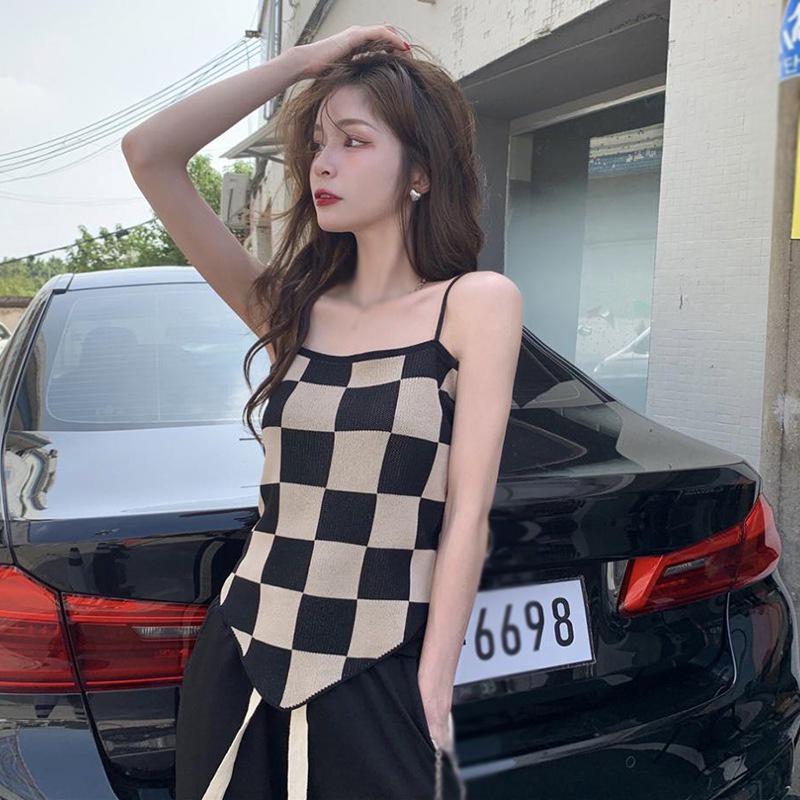 Áo hai dây dệt kim họa tiết sọc caro thiết kế độc đáo thời trang quyến rũ cho nữ