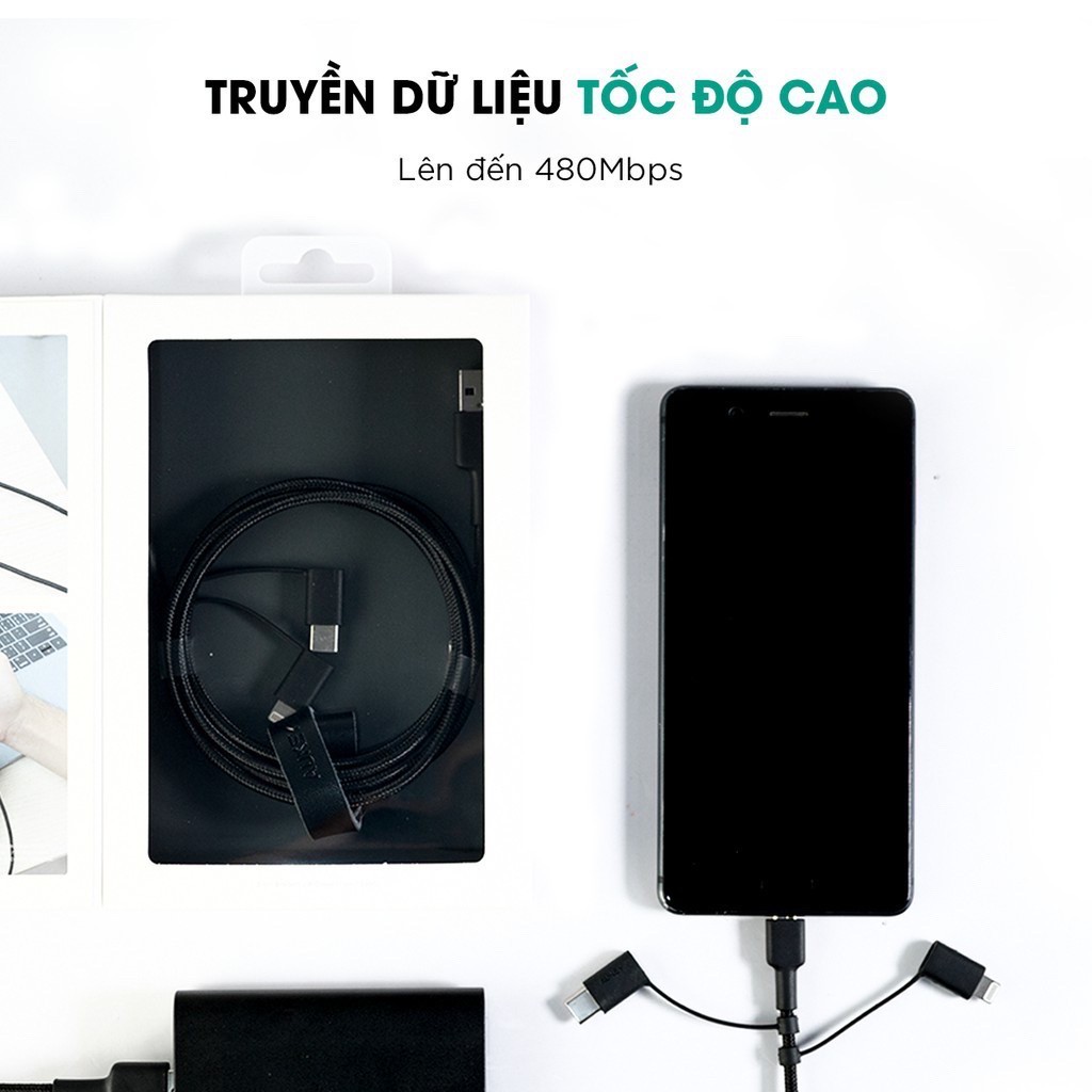 Cáp sạc nhanh bện Nylon đa năng 3 in 1 AUKEY CB-BAL5 chuẩn MFi (cổng Lightning &  USB-C, truyền data 480 Mbps) dài 1.2m