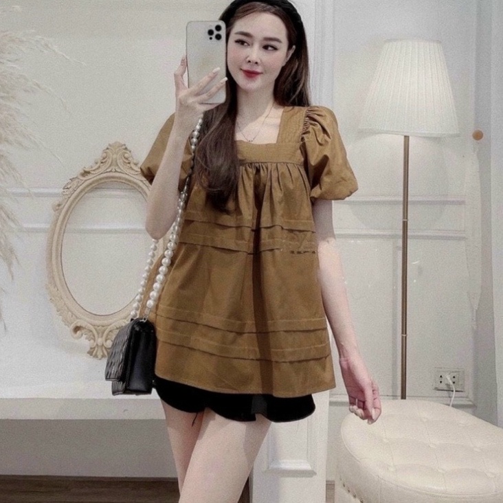 Áo bầu đẹp cổ vuông cho bầu đi làm, đi chơi cực xinh - Áo kiểu đẹp thiết kế kết hợp bầu và sau sinh - HT-K