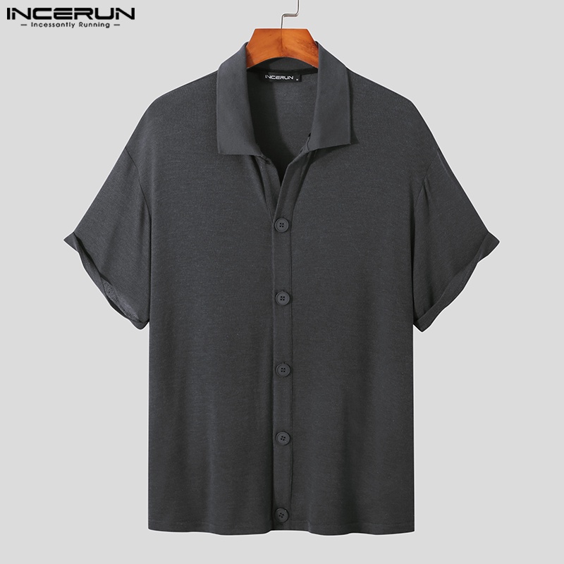 Áo INCERUN vải dệt kim ngắn tay màu trơn thời trang cho nam