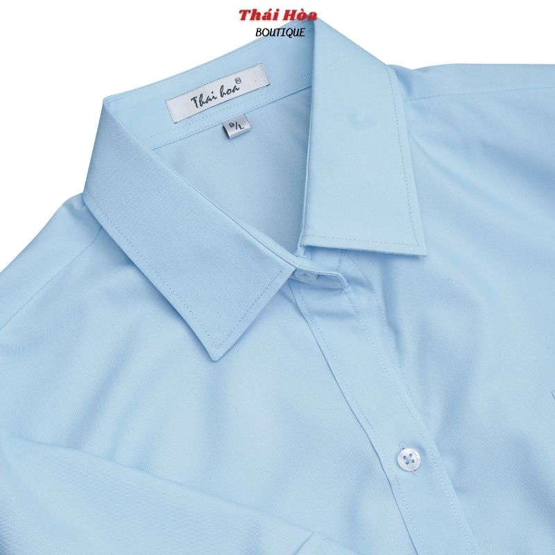 Áo sơ mi nữ tay dài bigsize kiểu công sở đẹp màu xanh vải cotton mềm Thái Hoà 047-06-01