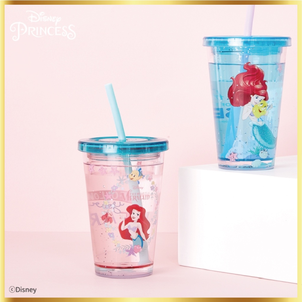 Bình Nước Kim Tuyến Kèm Ống Hút Hình Công Chúa Disney Dung Tích 330ml