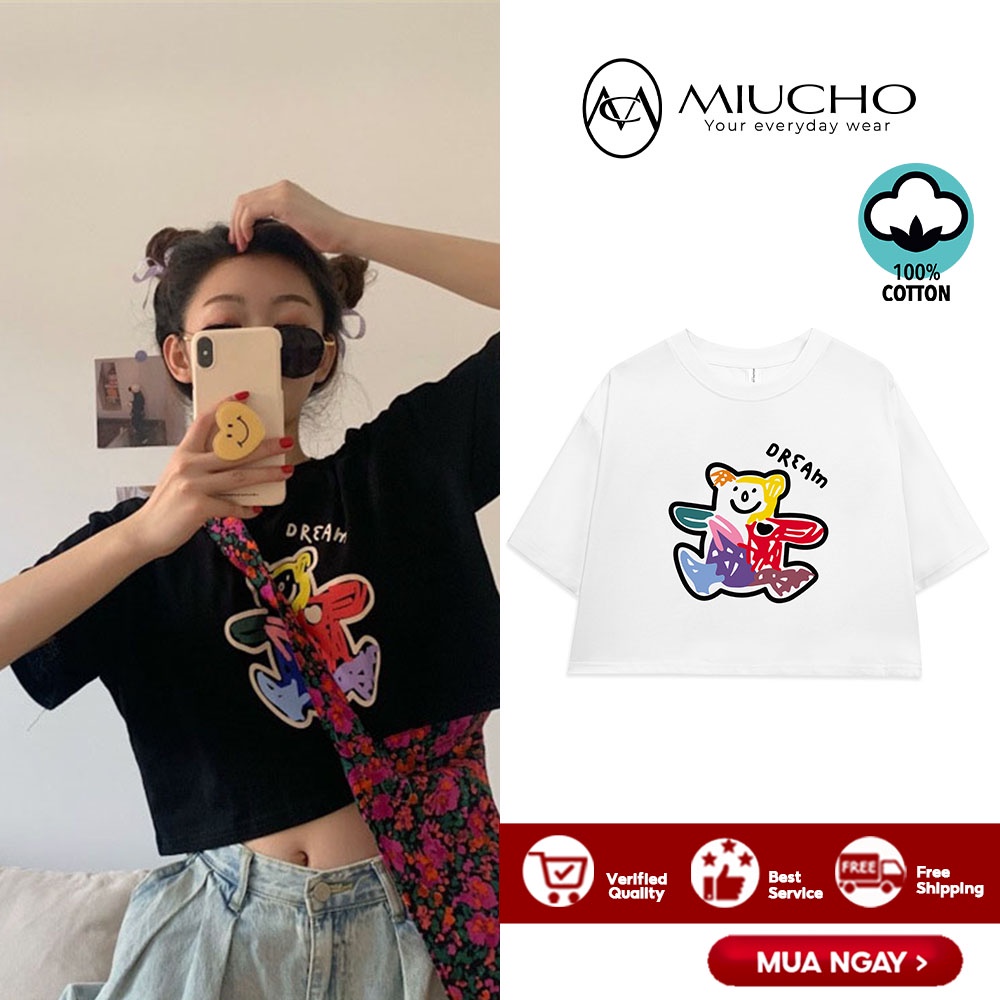 Áo croptop nữ tay ngắn cổ tròn vải thun cotton kiểu hàn quốc CR017 Miucho in hình hoạ tiết