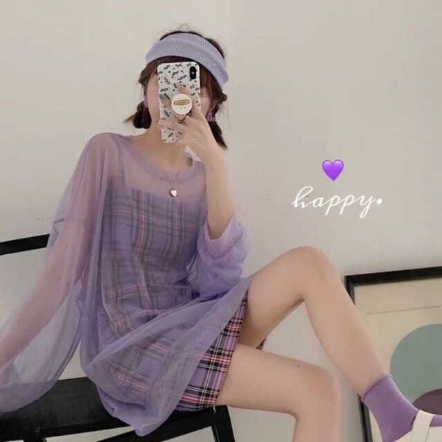 áo lưới màu tím dáng dài phom rộng