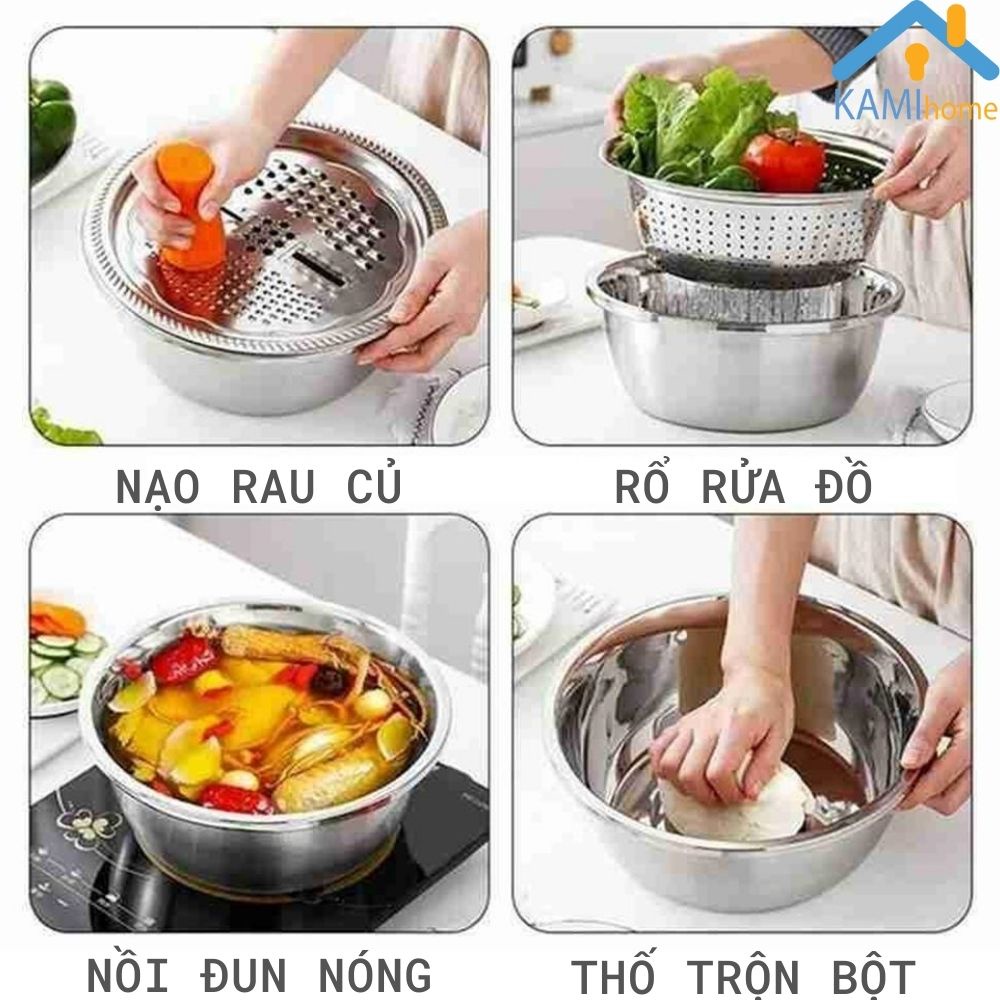 Bộ bát Inox đa năng gồm: Bàn nạo 4 kiểu + Rổ thưa + Thố đựng thực phẩm KM20076