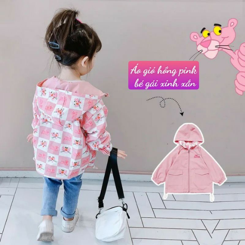 Áo gió hồng pink có nón bé gái 2 mặt tiện lợi dày dặn rất đẹp