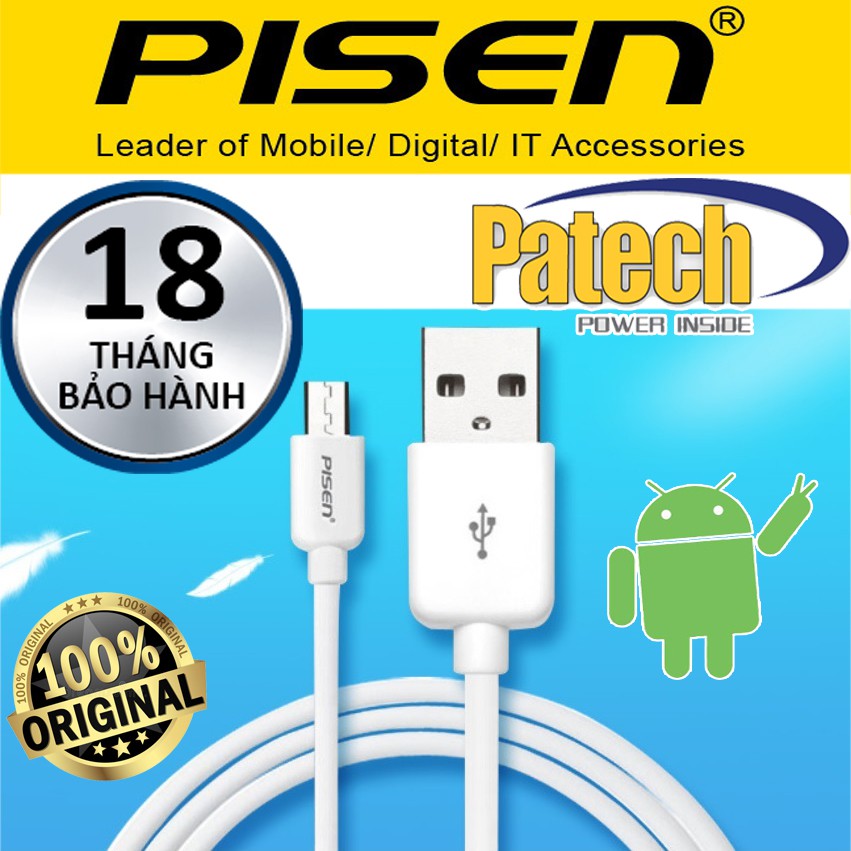 Cáp sạc Pisen cổng Micro Usb | Sạc nhanh 2A các dòng Android, Patech phân phối bảo hành 18 tháng.