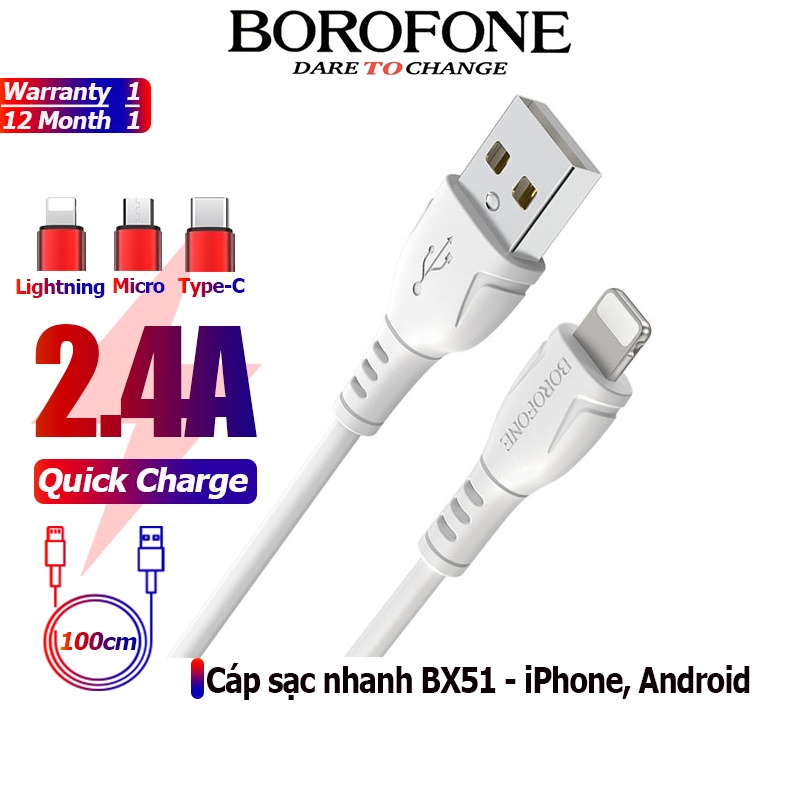 [Mã ELBOROMAY giảm 10% đơn 100K] Cáp sạc nhanh 2.4A BOROFONE BX51 chống rối đầu Lightning, Micro, Type-C 1m- Chính hãng