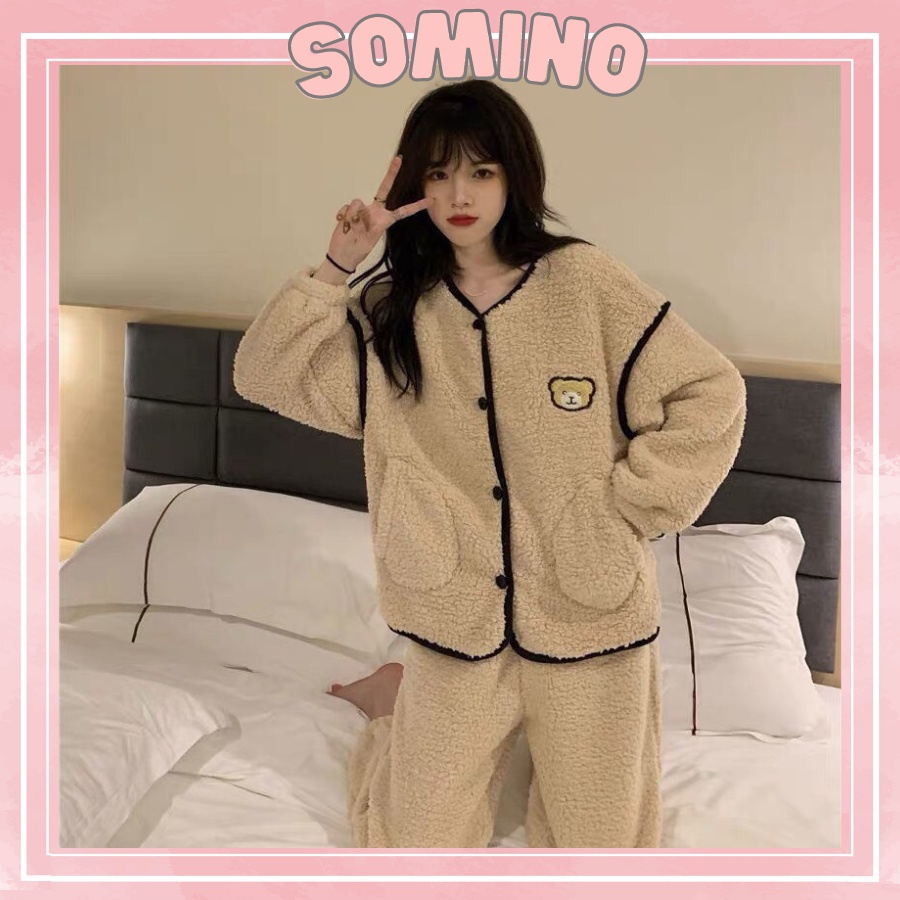 Bộ ngủ lông dài tay mềm mại dễ thương màu trà sữa bộ ngủ mùa đông dày dặn ấm áp Somino