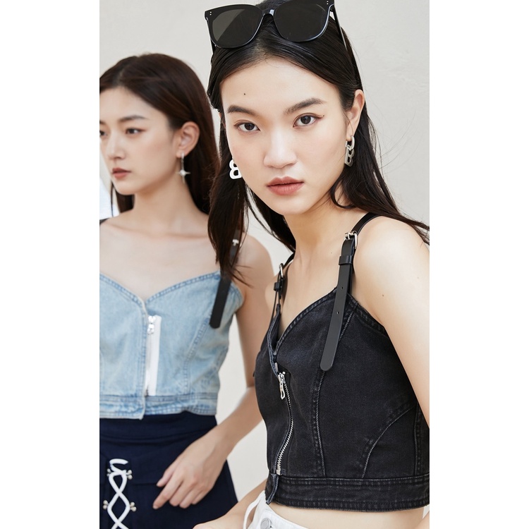 Vero Moda Áo 2 DÂY Vải JEANS DENIM Chéo Sau Lưng Có Dây Kéo Điều Chỉnh Được Không Tay Cho Nữ Áo Lửng Trơn 321271001