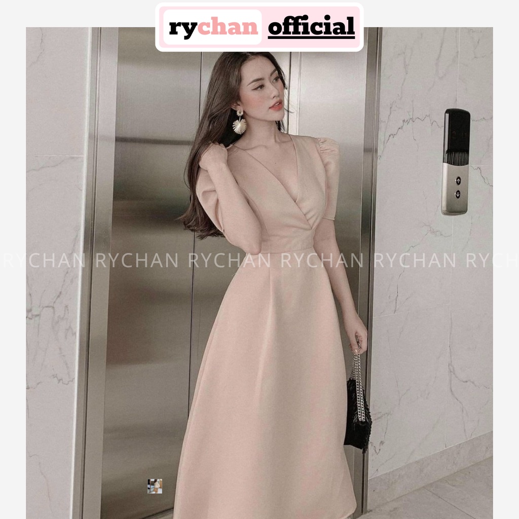 Đầm Xòe Midi Cổ V Đắp Ngực Chiết Eo [Ảnh Thật Cuối] - DX9963