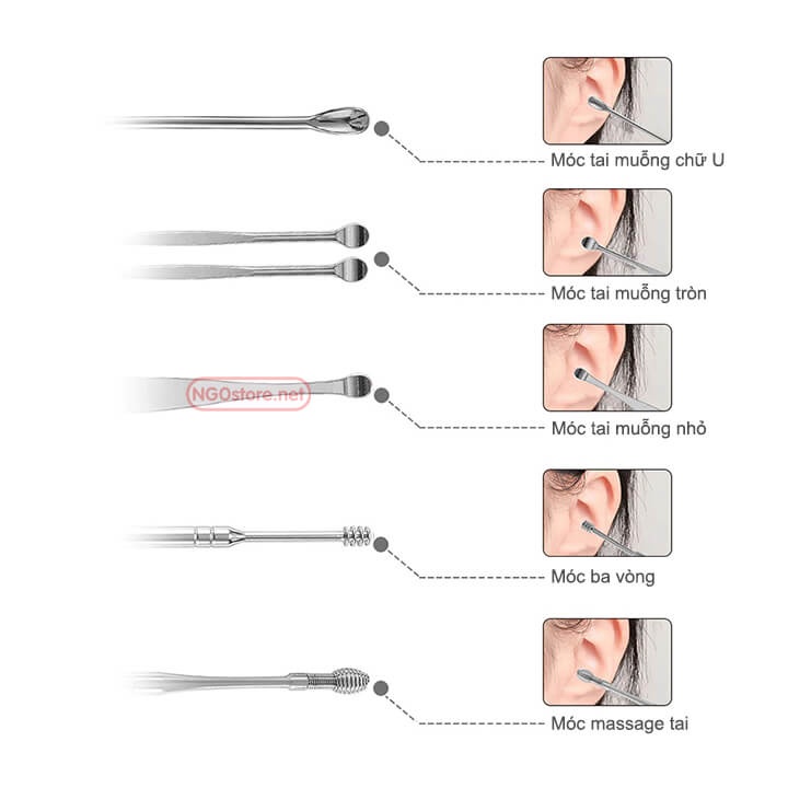 Bộ Dụng Cụ Lấy Ráy Tai Thép Không Rỉ 6 Món