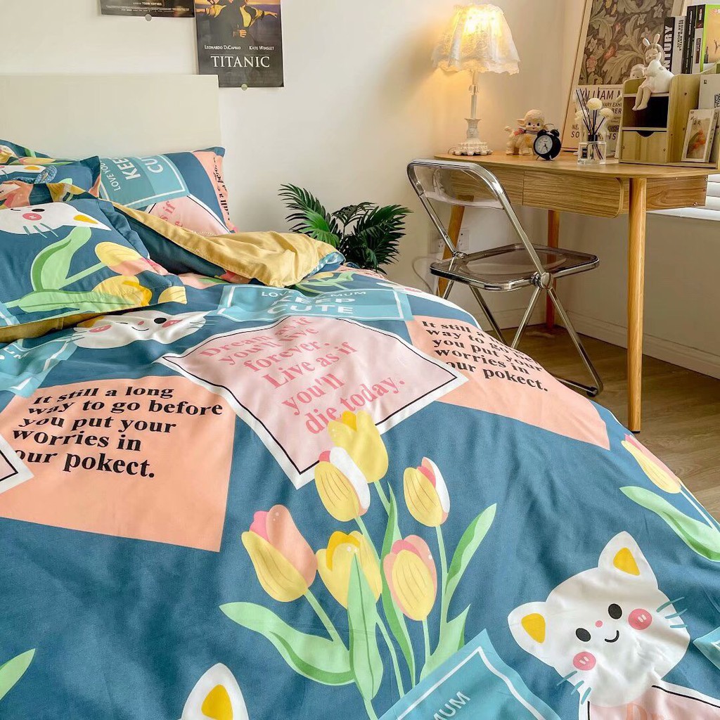 Bộ chăn ga gối Cotton Poly Minh Nhật Mèo hoa, vỏ chăn mền, drap giường và 2 vỏ gối